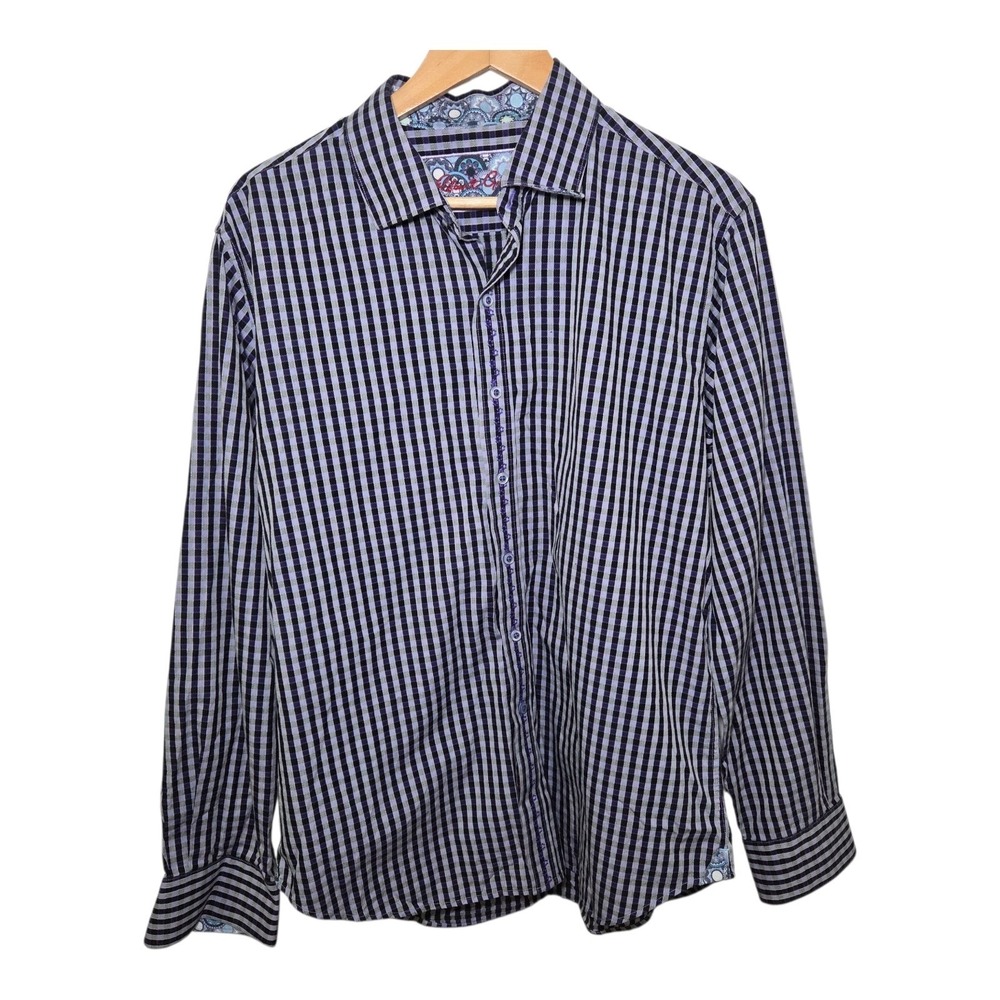 Robert Graham Purple Black Gingham Check Button Front Shirt Men's Fits XL